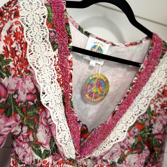 NWT Beatnik Floral Boho Dress Beaded with Lace Trim - Picture 3 of 4